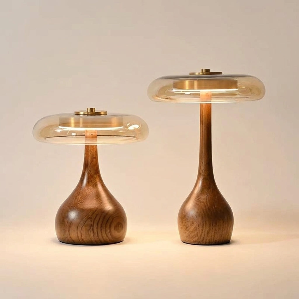 Sculptural Walnut Table Lamp with Tinted Glass for Ambient Lighting