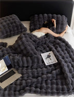Plush Faux Fur Throw Blanket for Bed and Sofa with Textured Bubble Design and Machine Washable Finish