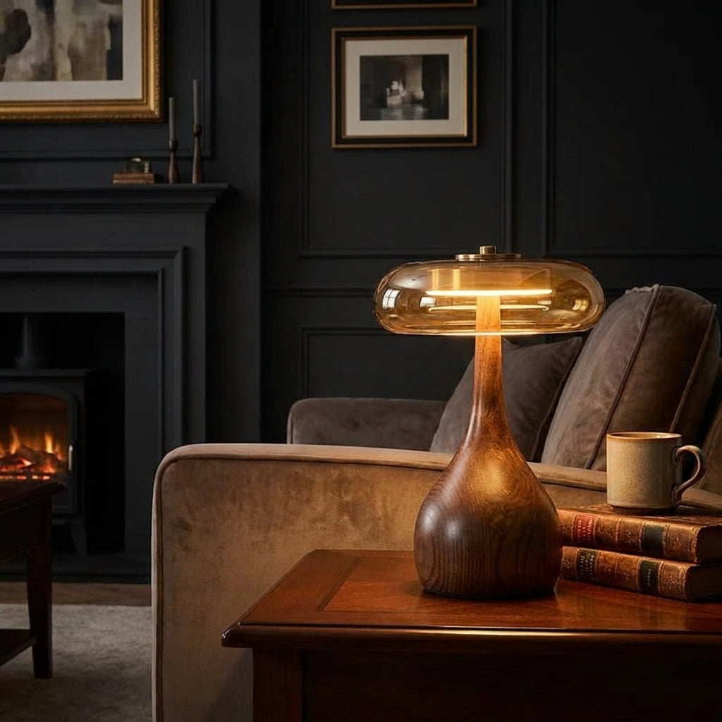 Sculptural Walnut Table Lamp with Tinted Glass for Ambient Lighting