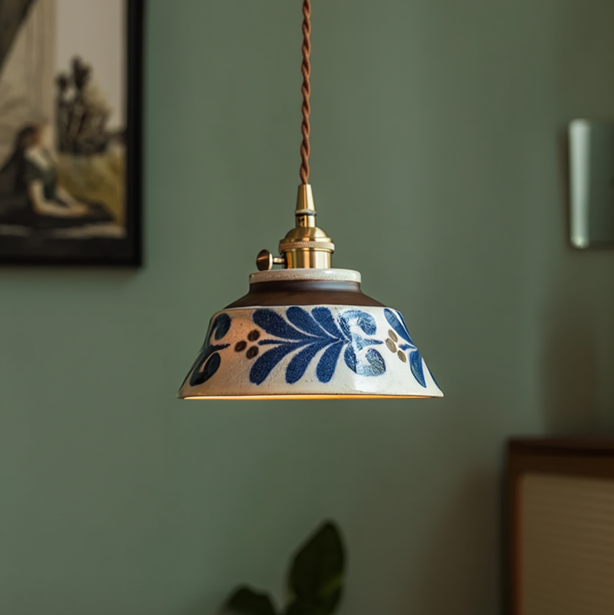 Hand-Painted Ceramic Pendant Light with Unique Floral Design for Dining Room and Kitchen