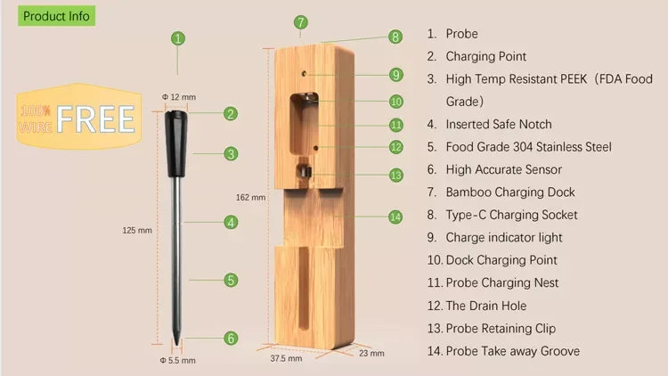 Wireless Meat Thermometer with Bluetooth Connectivity and Accurate Temperature Monitoring