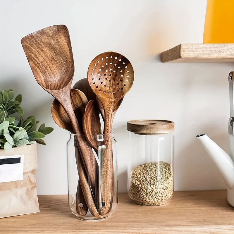 Wooden Kitchen Utensil Set with Ergonomic Design for Cooking and Serving