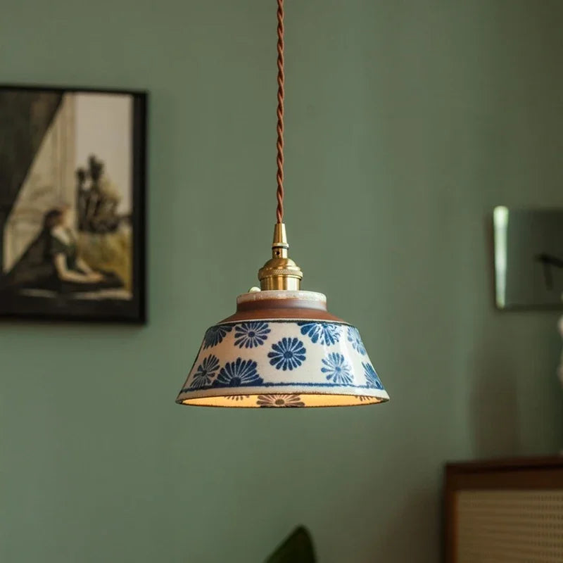 Hand-Painted Ceramic Pendant Light with Unique Floral Design for Dining Room and Kitchen