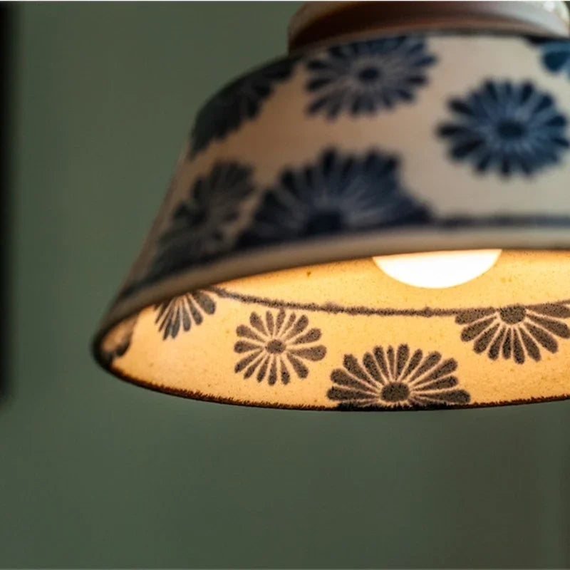 Hand-Painted Ceramic Pendant Light with Unique Floral Design for Dining Room and Kitchen