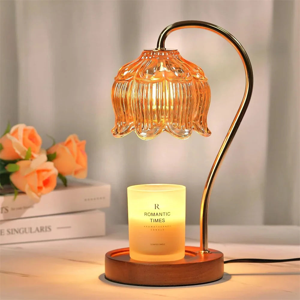Candle Warmer Lamp with Retro Glass Shade and Solid Wood Base for Cozy Home Ambience