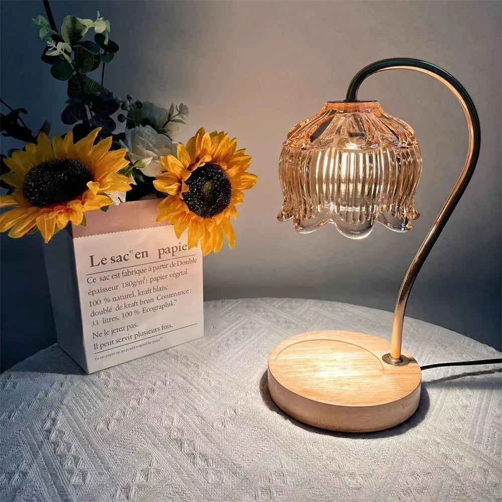 Candle Warmer Lamp with Retro Glass Shade and Solid Wood Base for Cozy Home Ambience