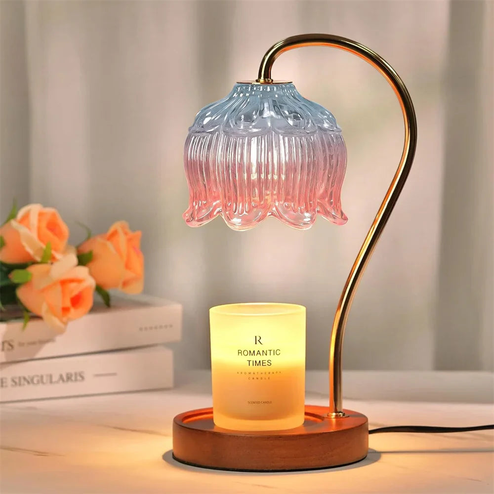 Candle Warmer Lamp with Retro Glass Shade and Solid Wood Base for Cozy Home Ambience