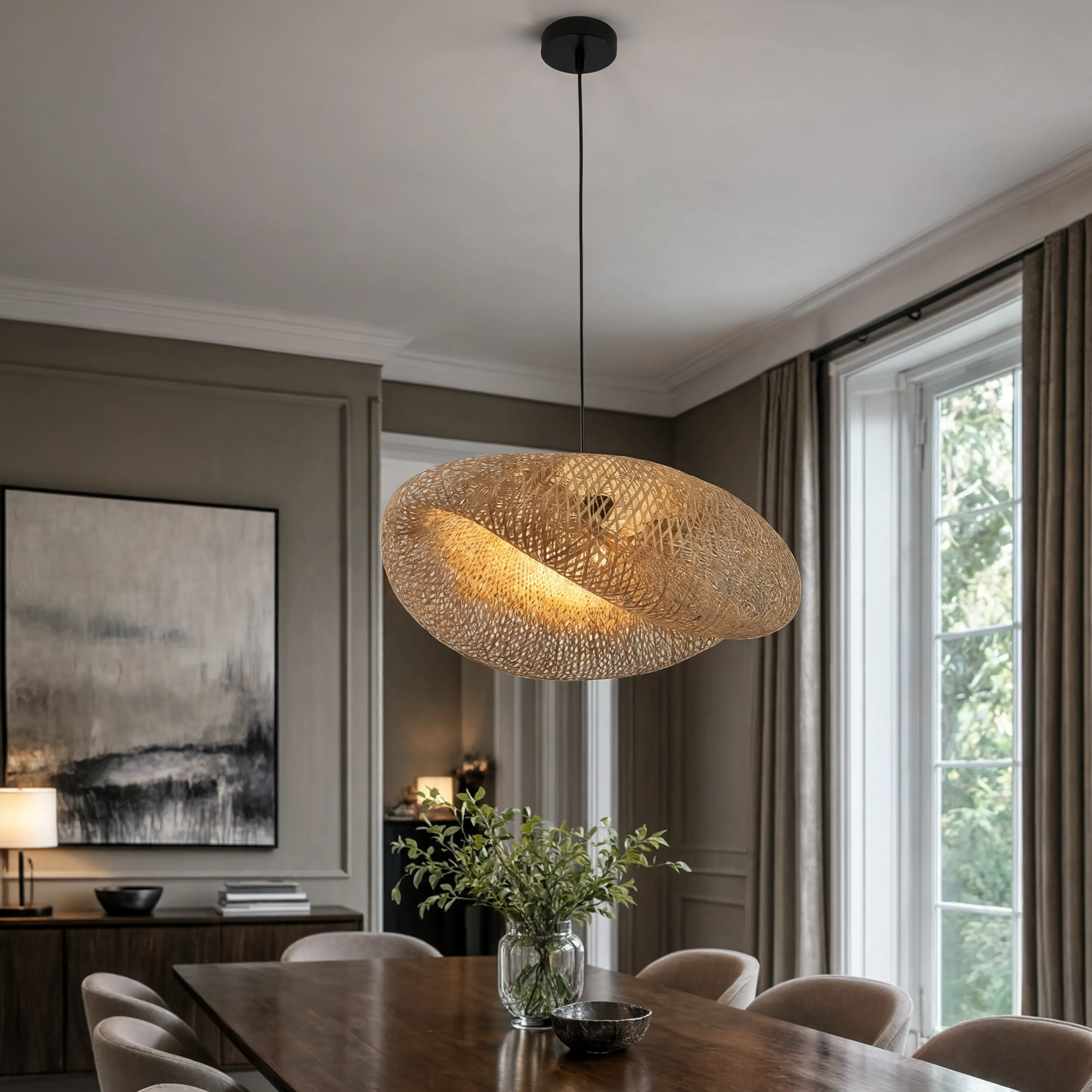 Braided Bamboo Pendant Light for Dining Room and Bedroom