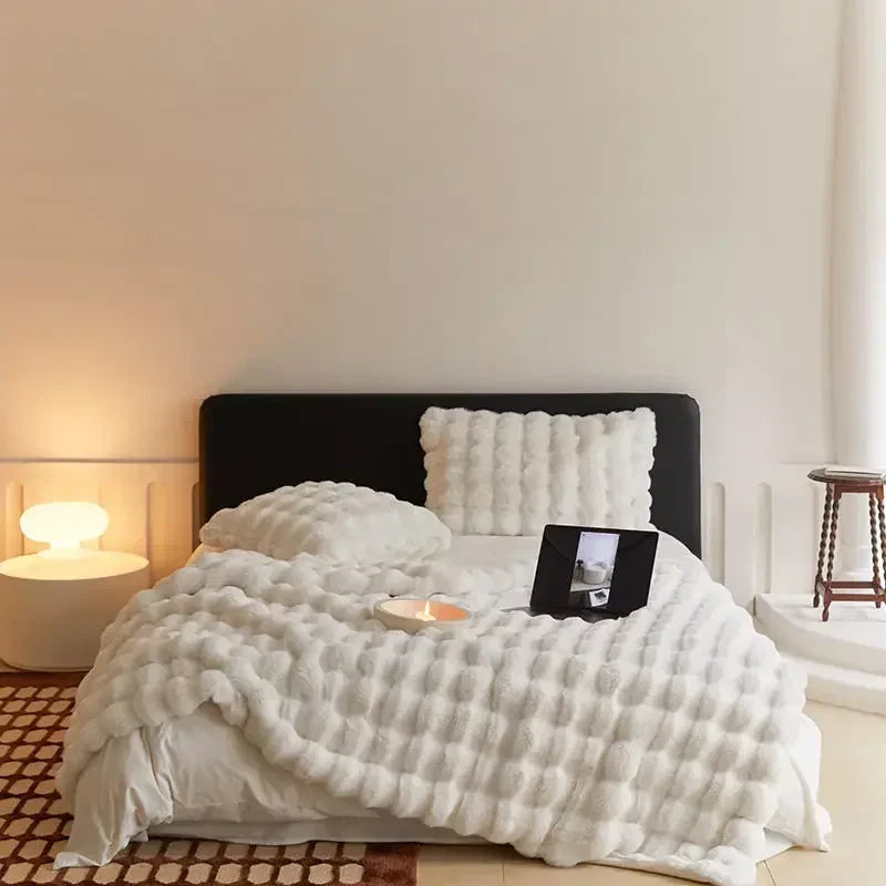 Plush Faux Fur Throw Blanket for Bed and Sofa with Textured Bubble Design and Machine Washable Finish