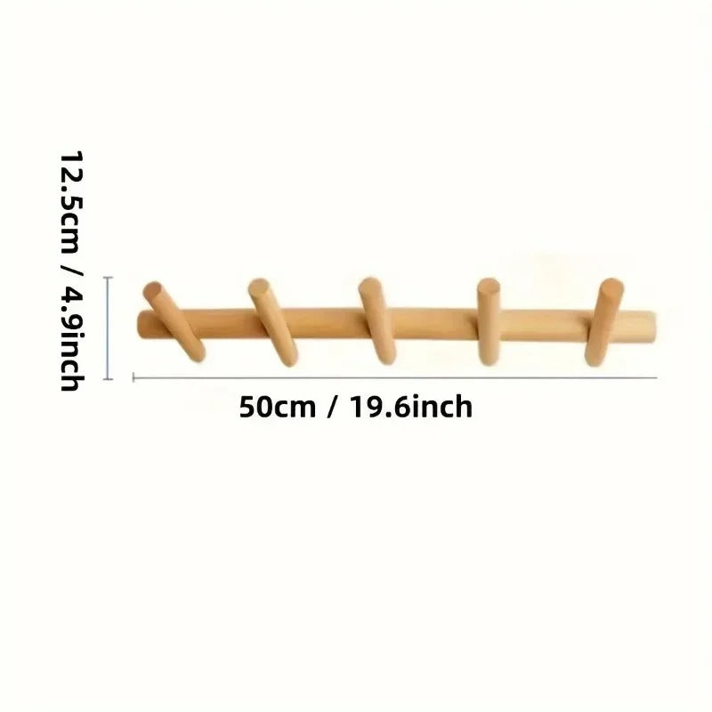 Scandinavian Solid Oak Wall Rack with 4 or 5 Pegs for Entryway and Home Organization