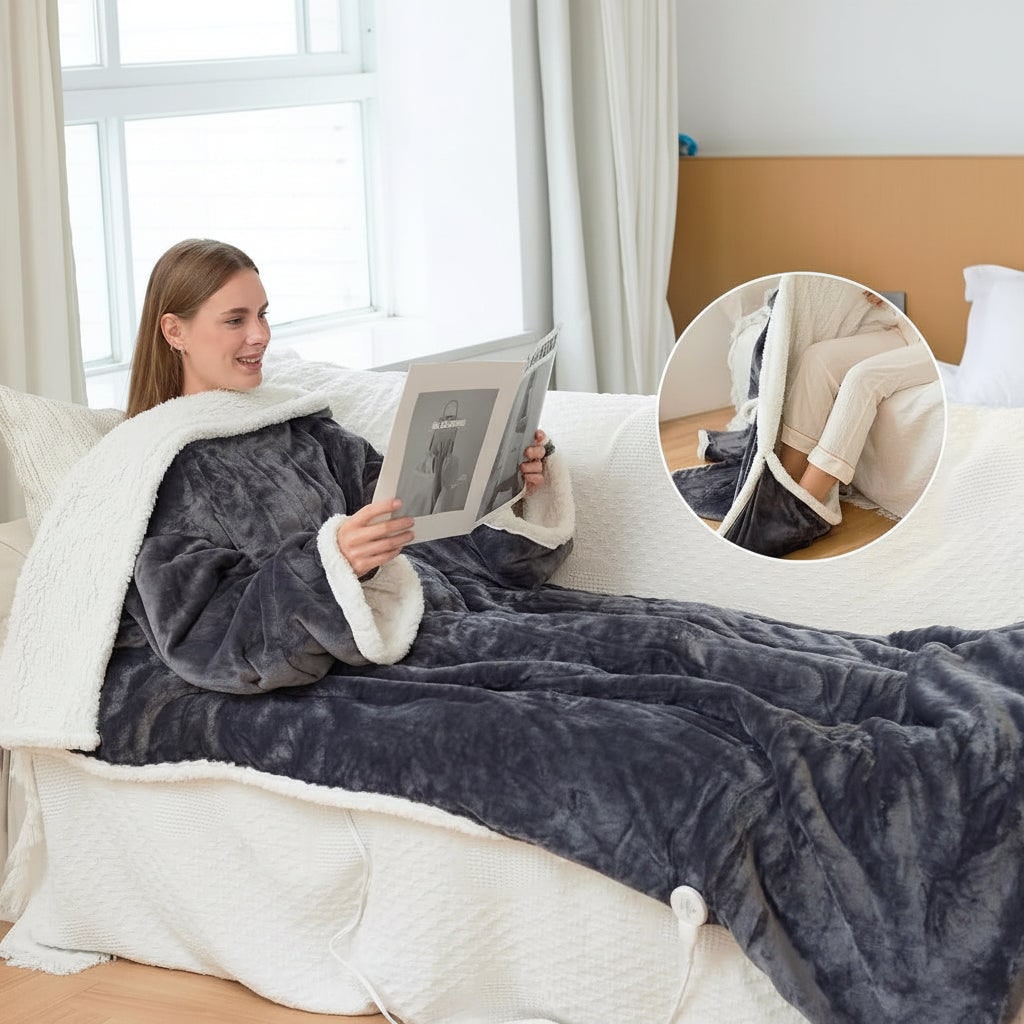 Heated Wearable Blanket with Sleeves and Foot Pocket for Cozy Comfort