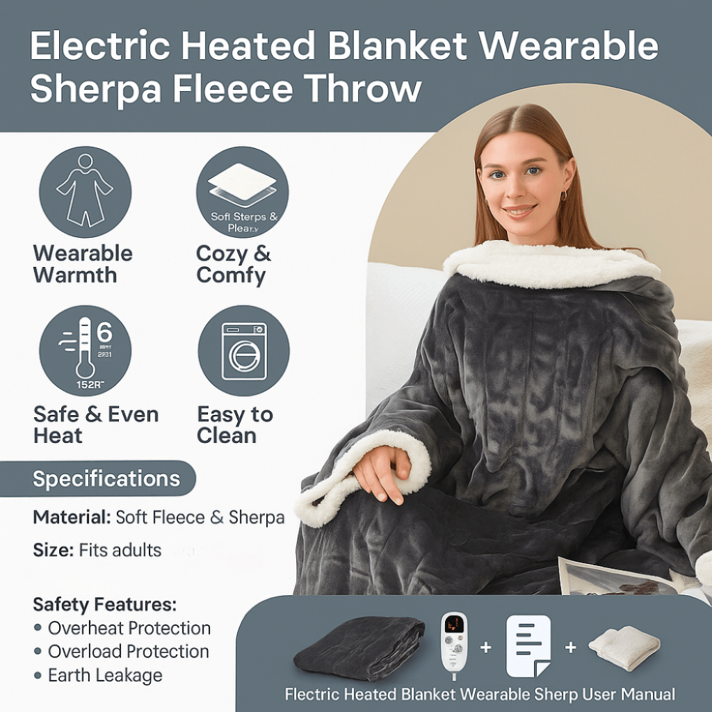 Heated Wearable Blanket with Sleeves and Foot Pocket for Cozy Comfort