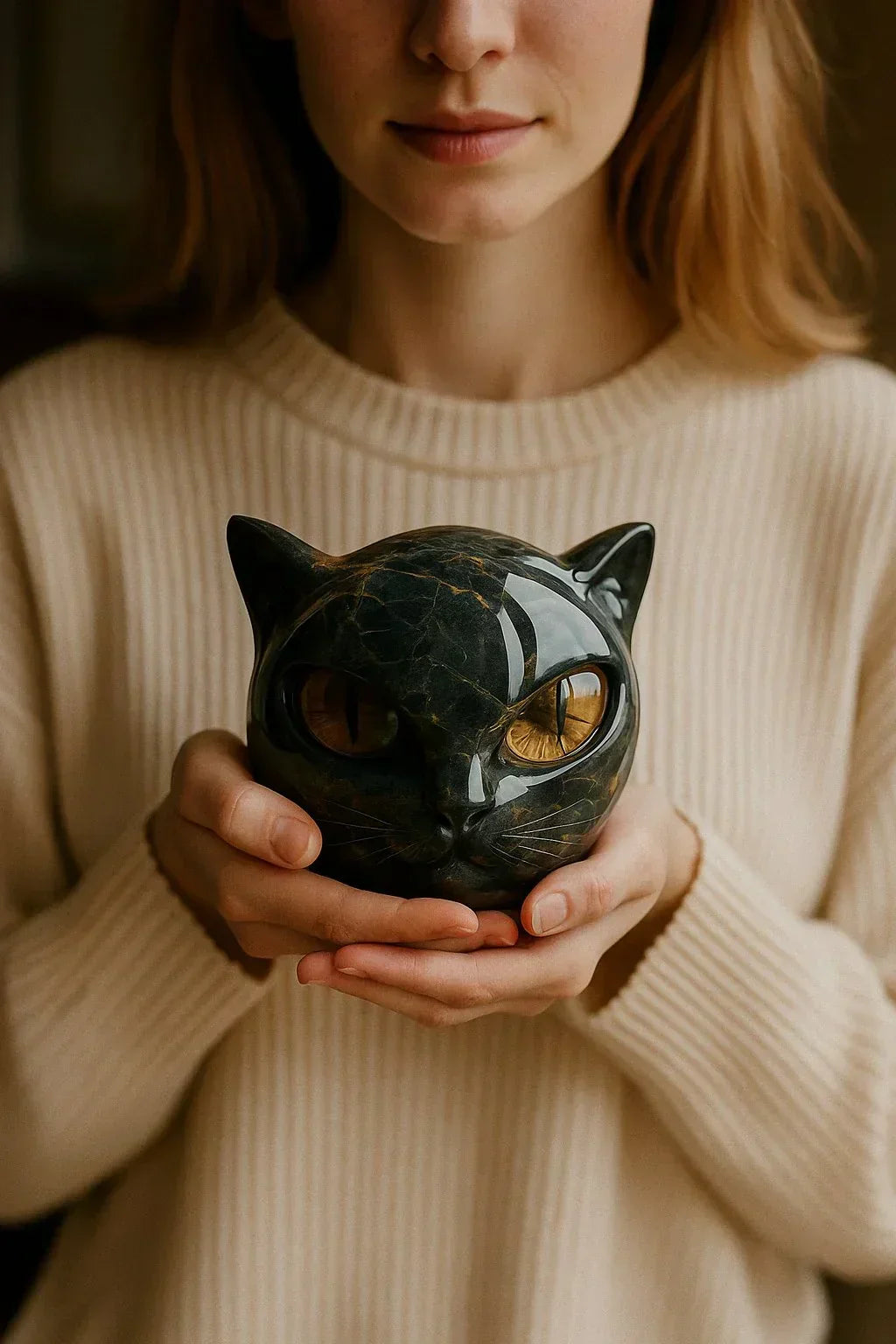 Cat Head Sculpture with Hypnotic Eyes for Home Décor