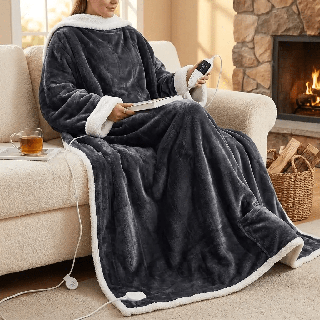Heated Wearable Blanket with Sleeves and Foot Pocket for Cozy Comfort - Sofitte