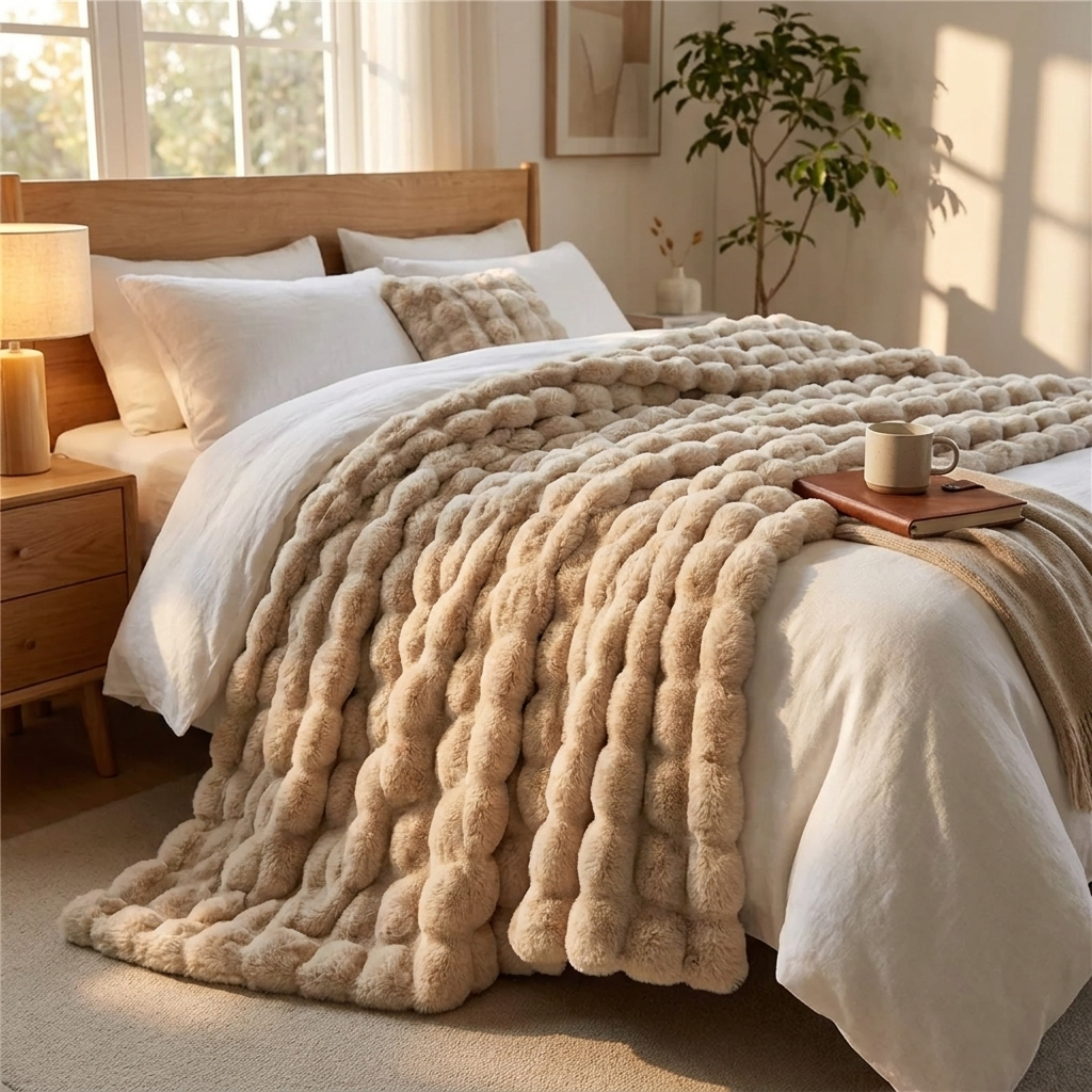 Plush Faux Fur Throw Blanket for Bed and Sofa with Textured Bubble Design and Machine Washable Finish