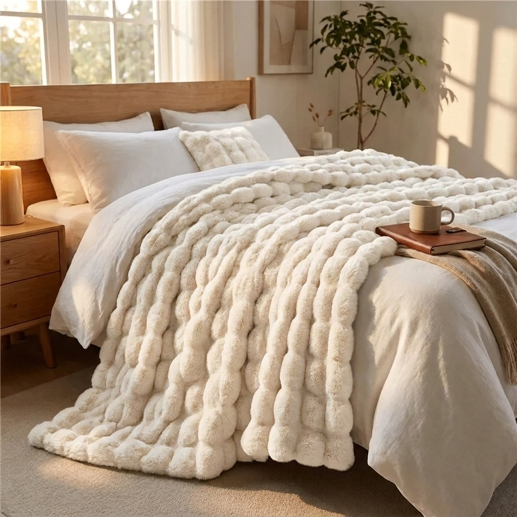 Plush Faux Fur Throw Blanket for Bed and Sofa with Textured Bubble Design and Machine Washable Finish