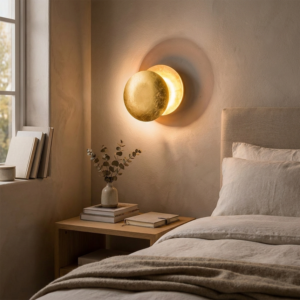 Modern LED Wall Sconce with Moon-Inspired Halo Light for Bedroom, Hallway and Living Room