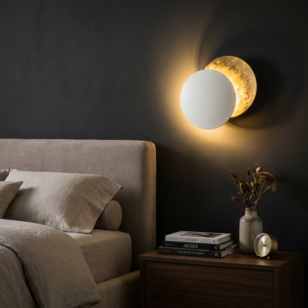 Modern LED Wall Sconce with Moon-Inspired Halo Light for Bedroom, Hallway and Living Room