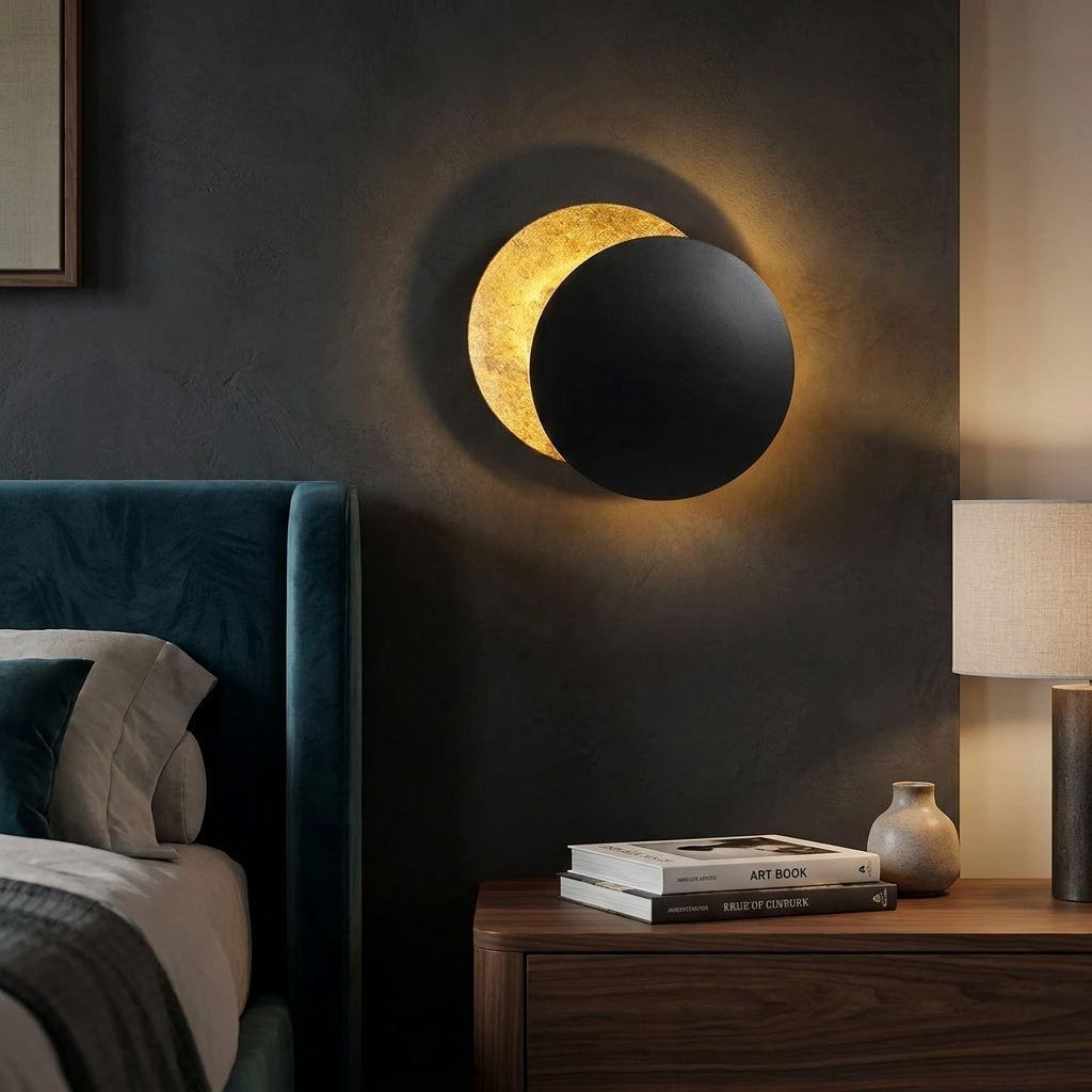 Modern LED Wall Sconce with Moon-Inspired Halo Light for Bedroom, Hallway and Living Room