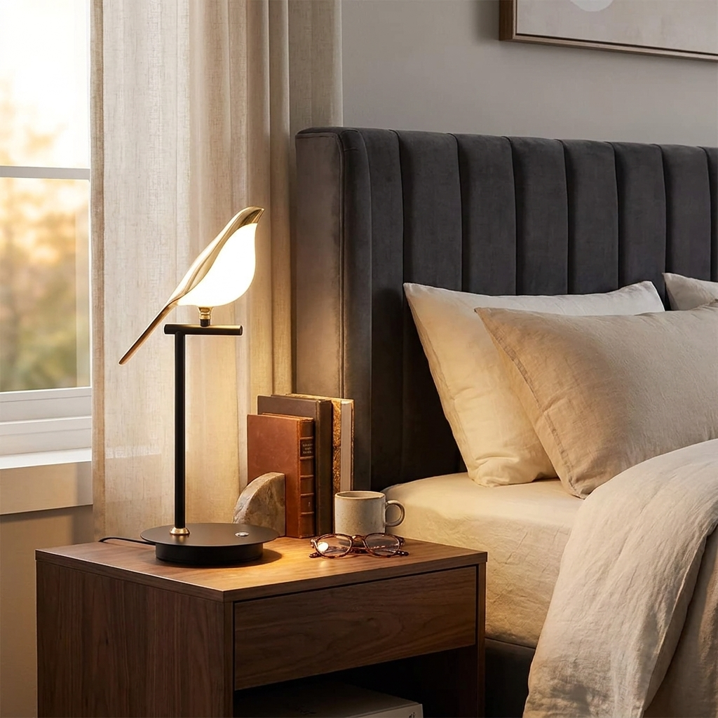 Modern Magpie Bird LED Table Lamp with Adjustable 360-Degree Head for Indoor Use
