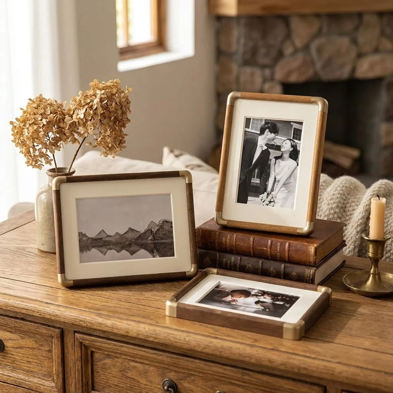 Tabletop Photo Frame with Vintage Wood and Brass Accents for Home Décor