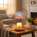 Candle Warmer Lamp with Retro Glass Shade and Solid Wood Base for Cozy Home Ambience