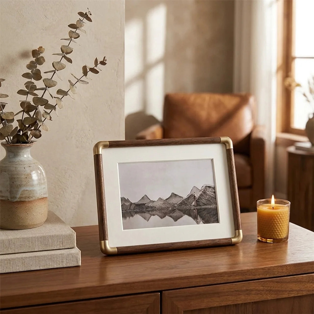 Tabletop Photo Frame with Vintage Wood and Brass Accents for Home Décor