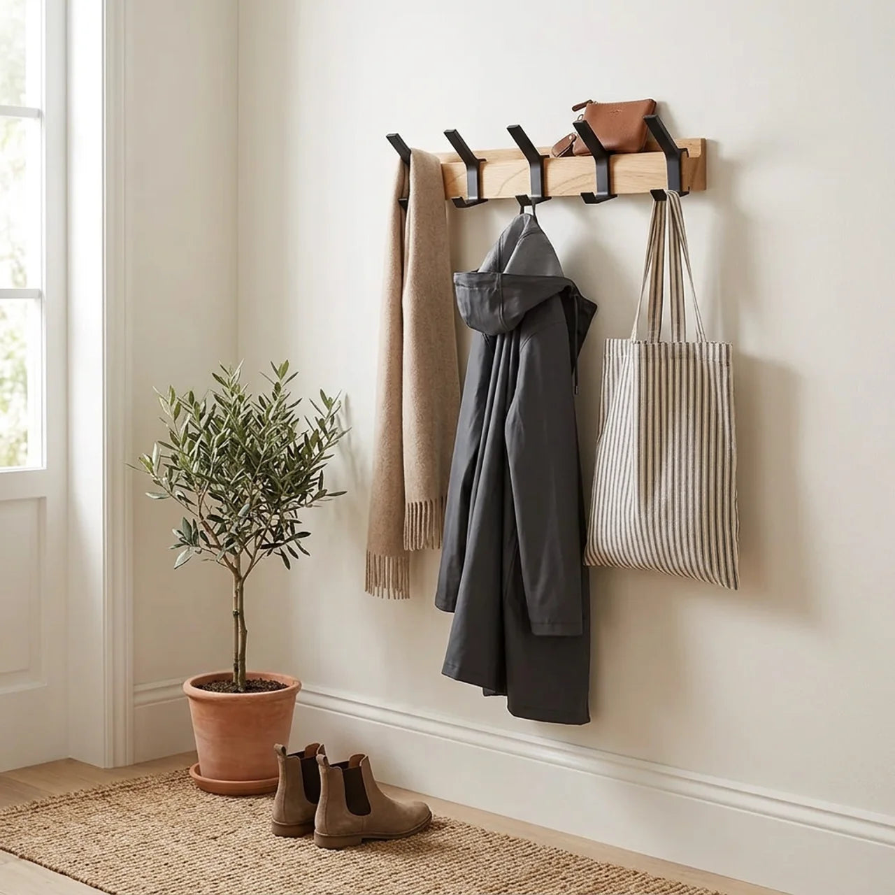 Wall-Mounted Coat Rack with Adjustable Double Hooks for Hallway and Entryway