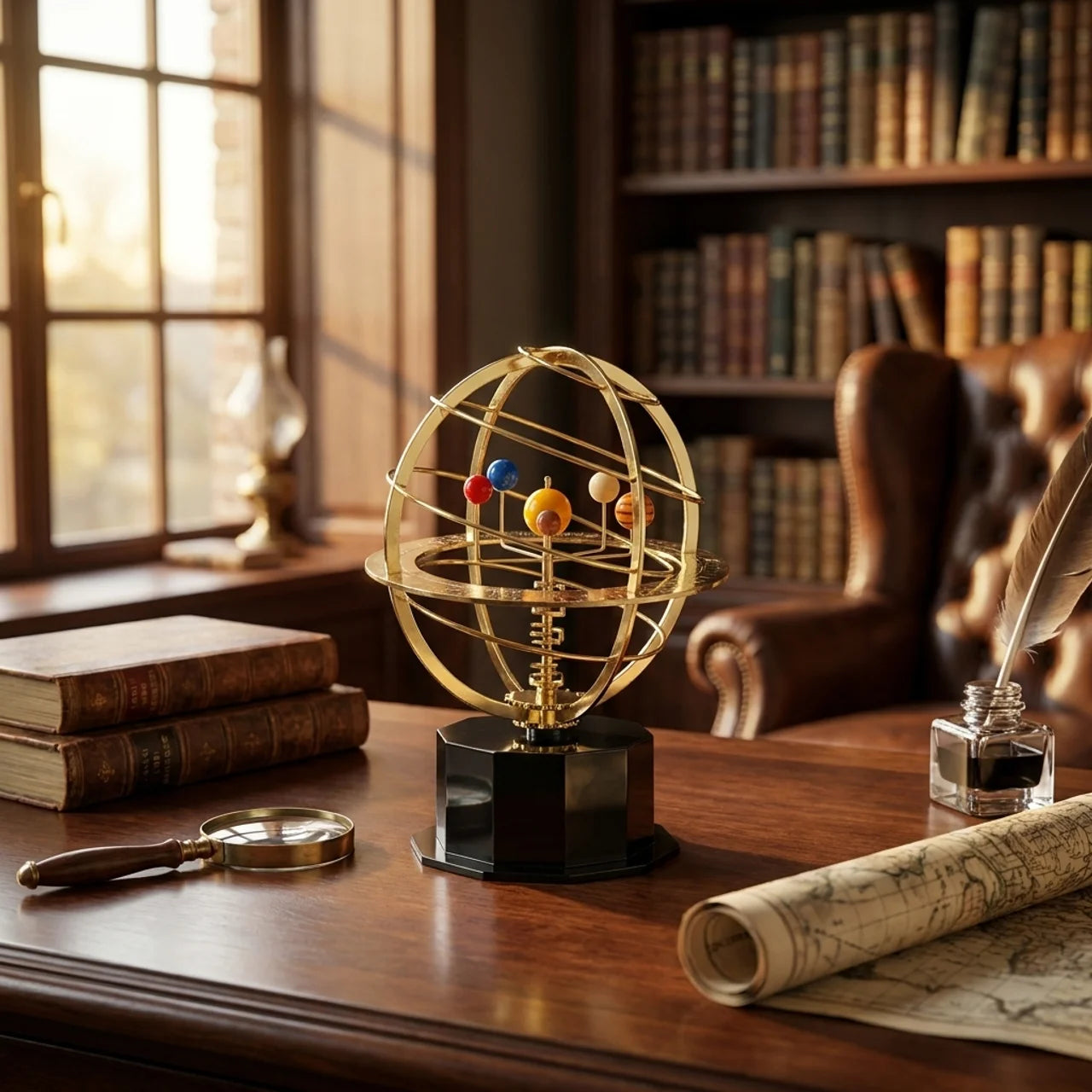Handcrafted Brass Orrery Model of the Solar System with 5 Planets for Home Decor