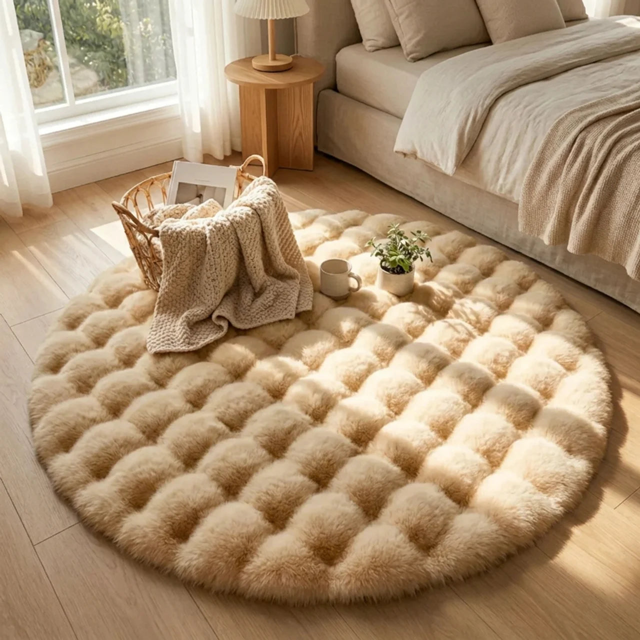 Round Bubble Rug for Living Room and Bedroom - Soft Fluffy Fleece Carpet