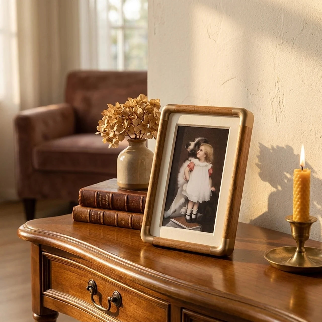 Tabletop Photo Frame with Vintage Wood and Brass Accents for Home Décor
