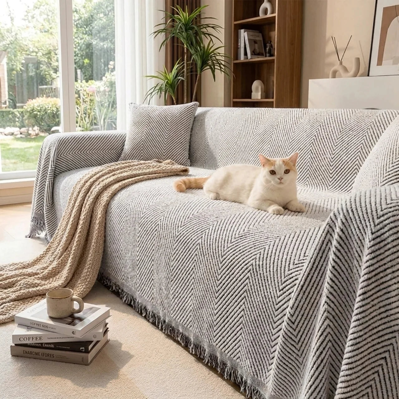 Herringbone Sofa Cover with Anti-Slip Design for Living Room Protection