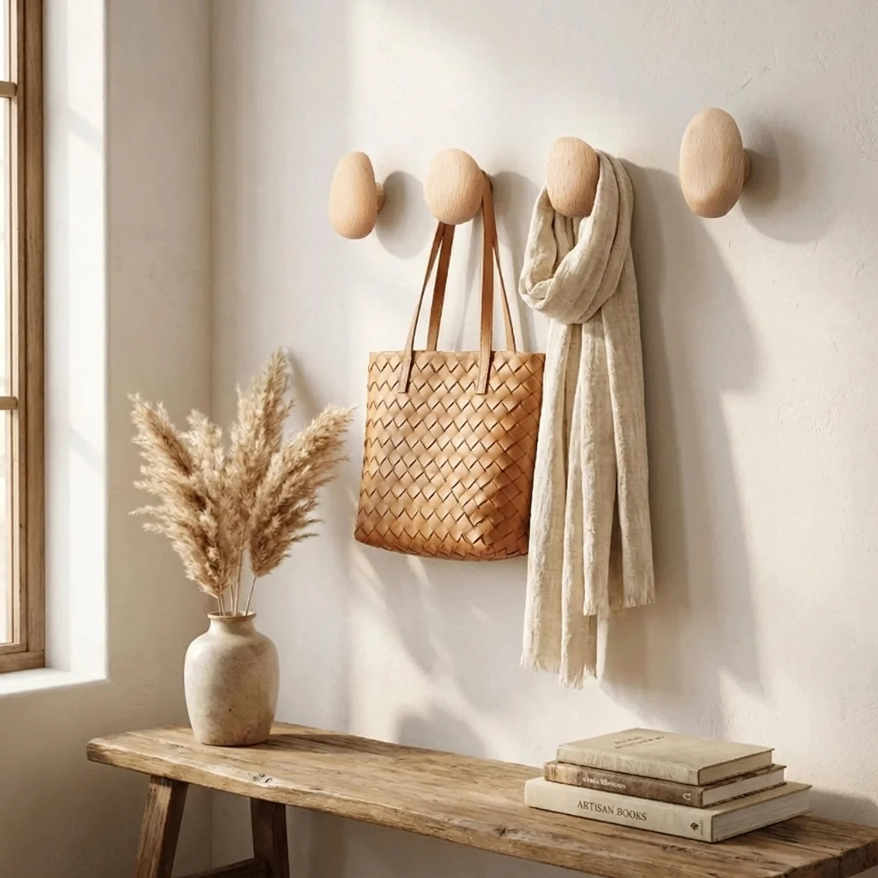 Natural Wood Wall Hooks with Organic Shape for Entryway or Bathroom