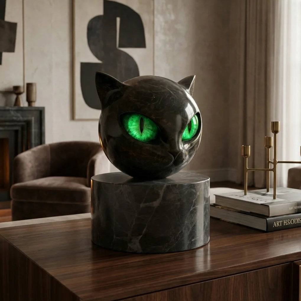 Cat Head Sculpture with Hypnotic Eyes for Home Décor
