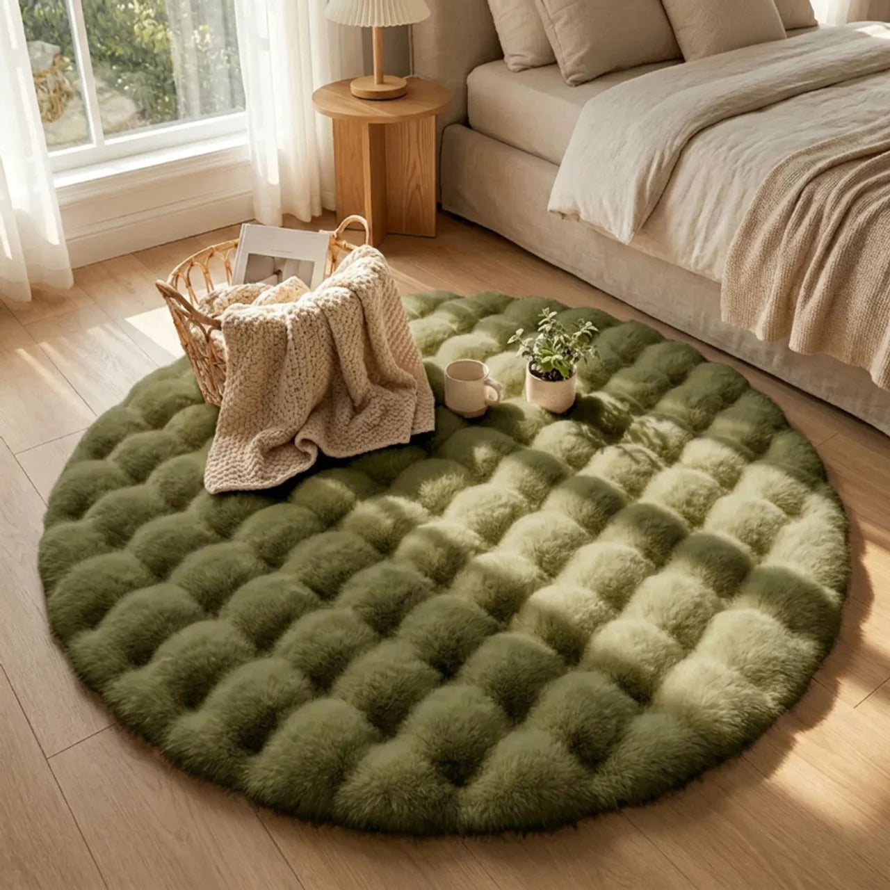 Round Bubble Rug for Living Room and Bedroom - Soft Fluffy Fleece Carpet