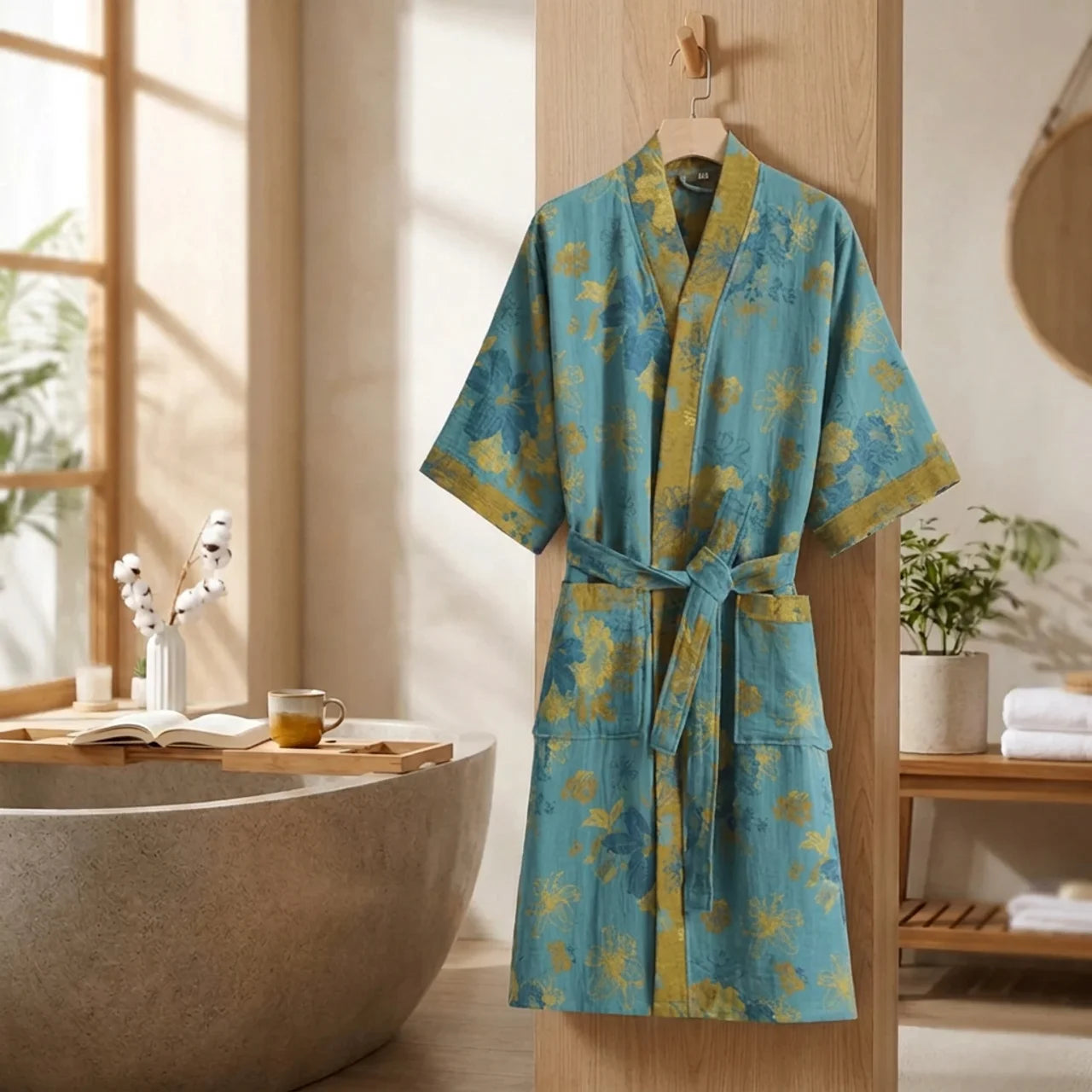 Cotton Bathrobe with Vintage Print for Relaxation and Comfort