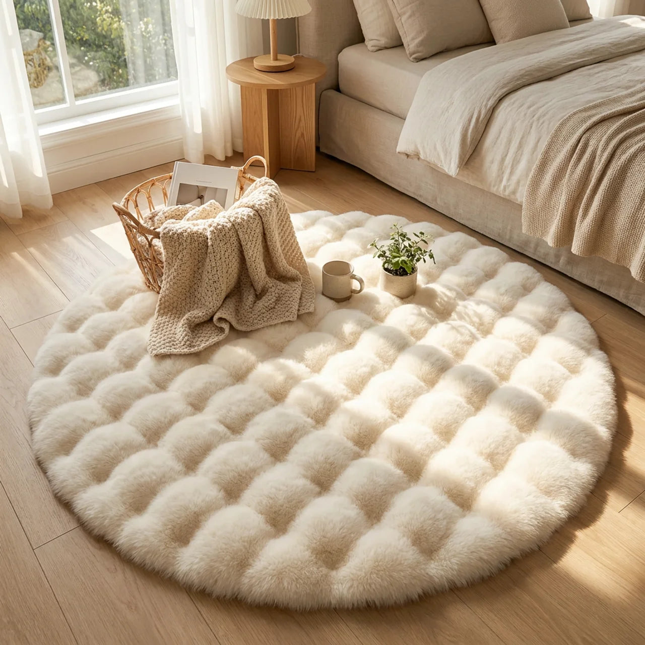 Round Bubble Rug for Living Room and Bedroom - Soft Fluffy Fleece Carpet