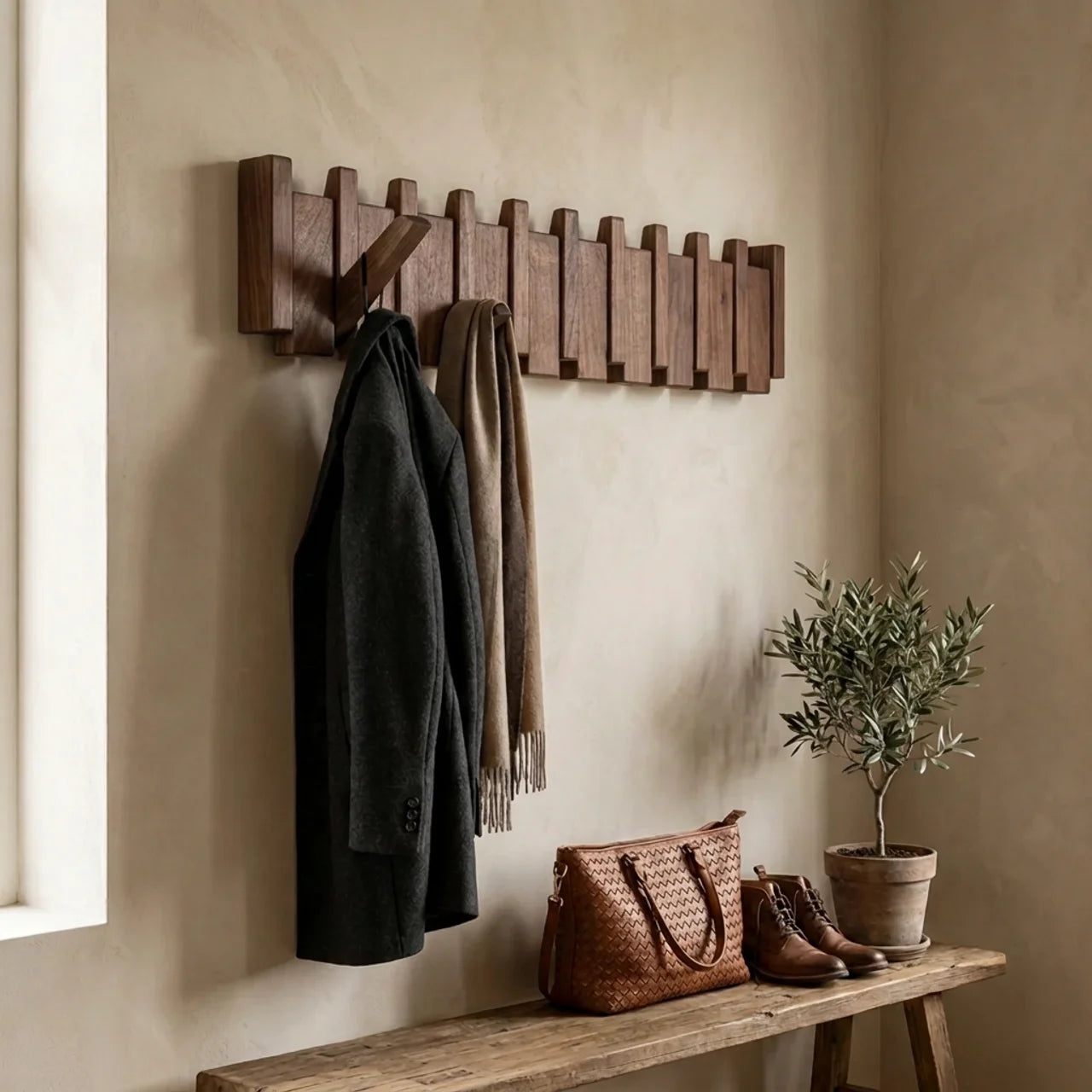 Wooden Coat Rack with Piano Key Design for Entryway and Hallway Storage