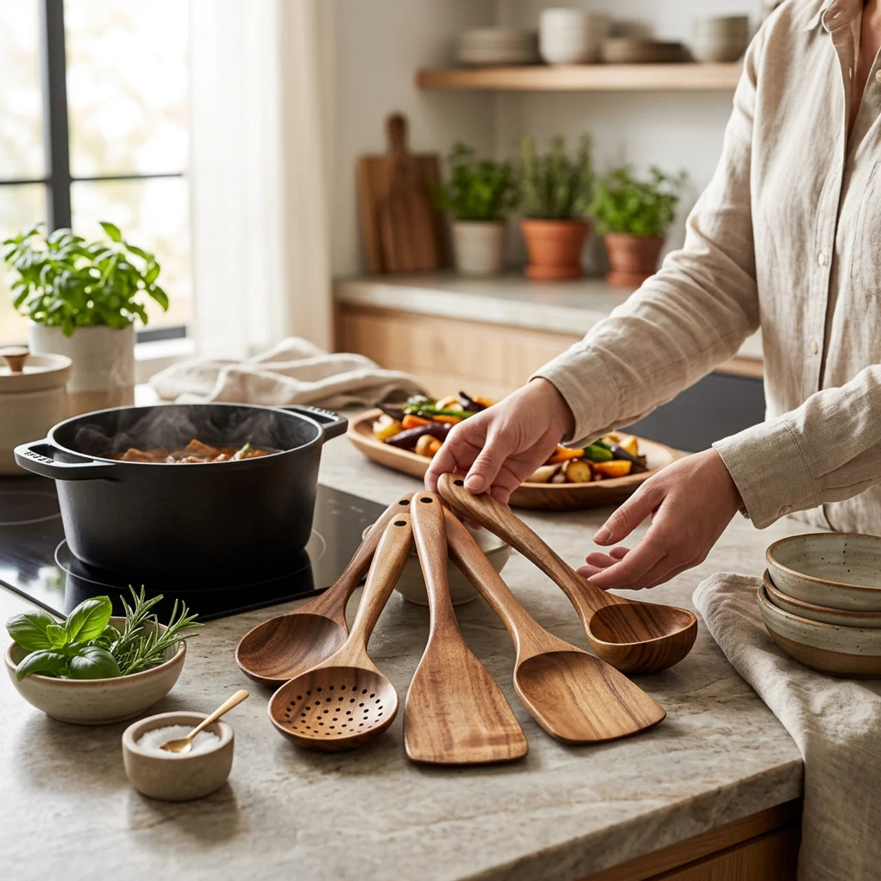 Wooden Kitchen Utensil Set with Ergonomic Design for Cooking and Serving