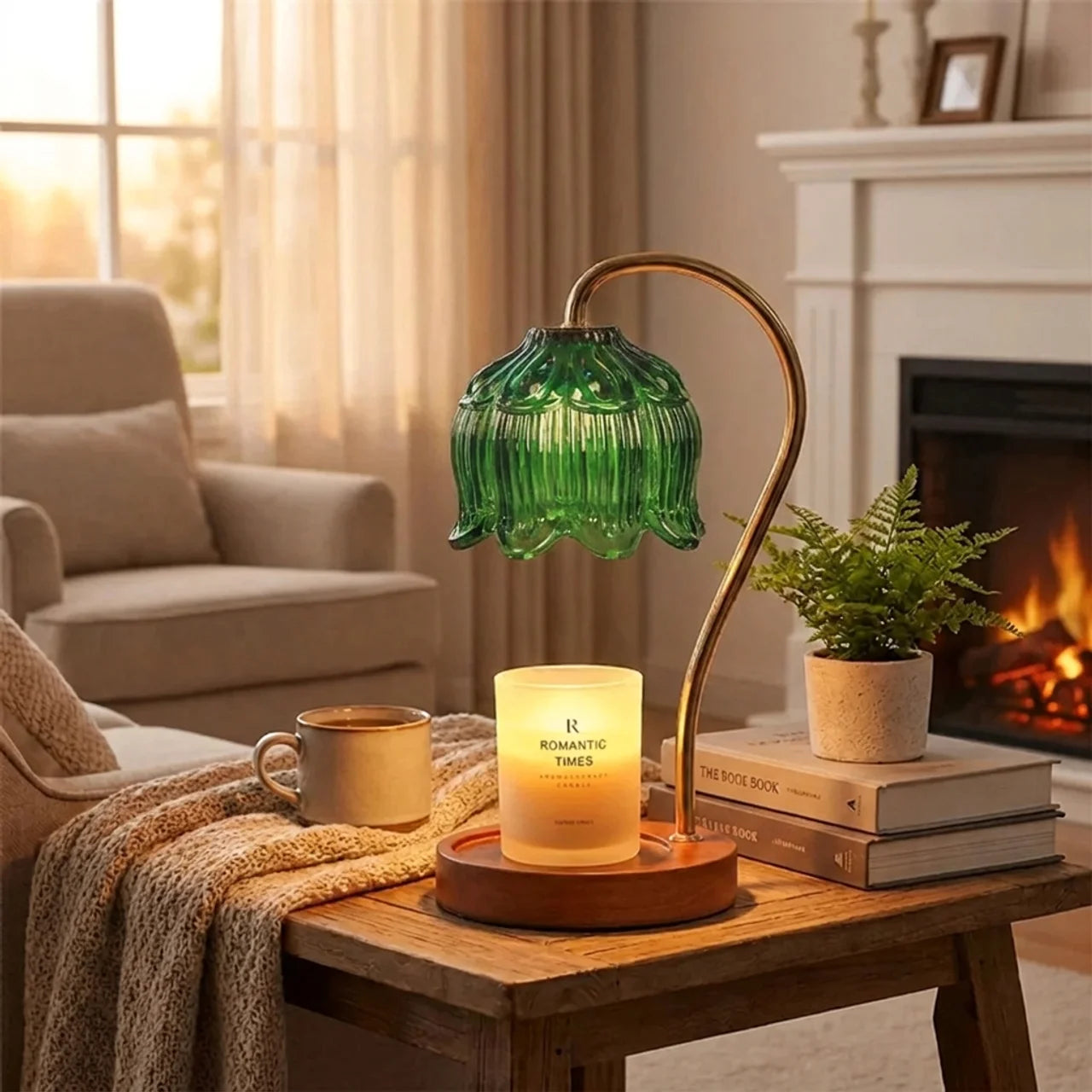 Candle Warmer Lamp with Retro Glass Shade and Solid Wood Base for Cozy Home Ambience