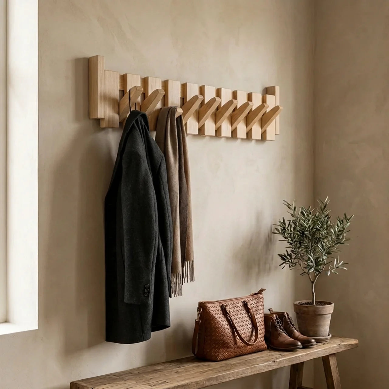 Wooden Coat Rack with Piano Key Design for Entryway and Hallway Storage