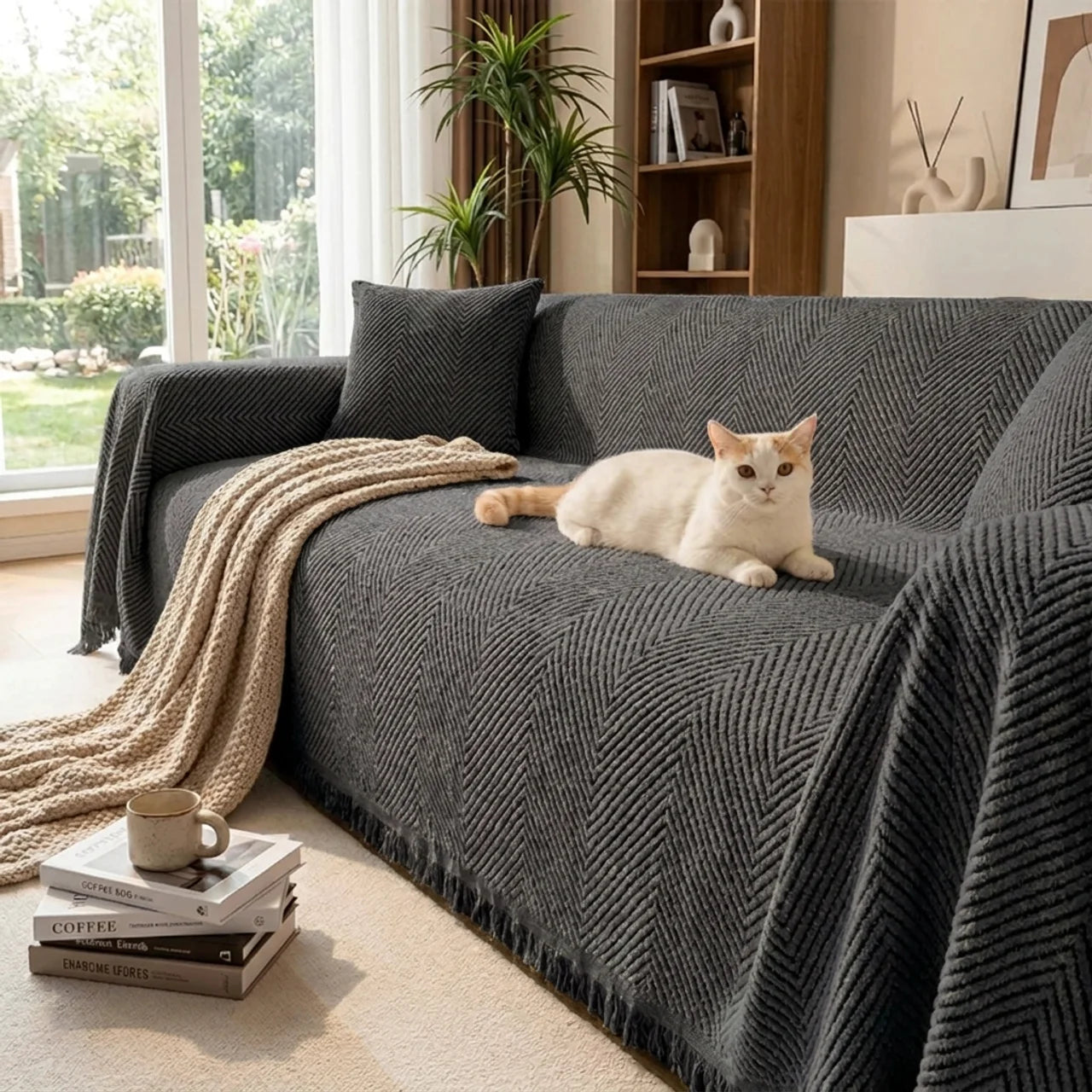 Herringbone Sofa Cover with Anti-Slip Design for Living Room Protection