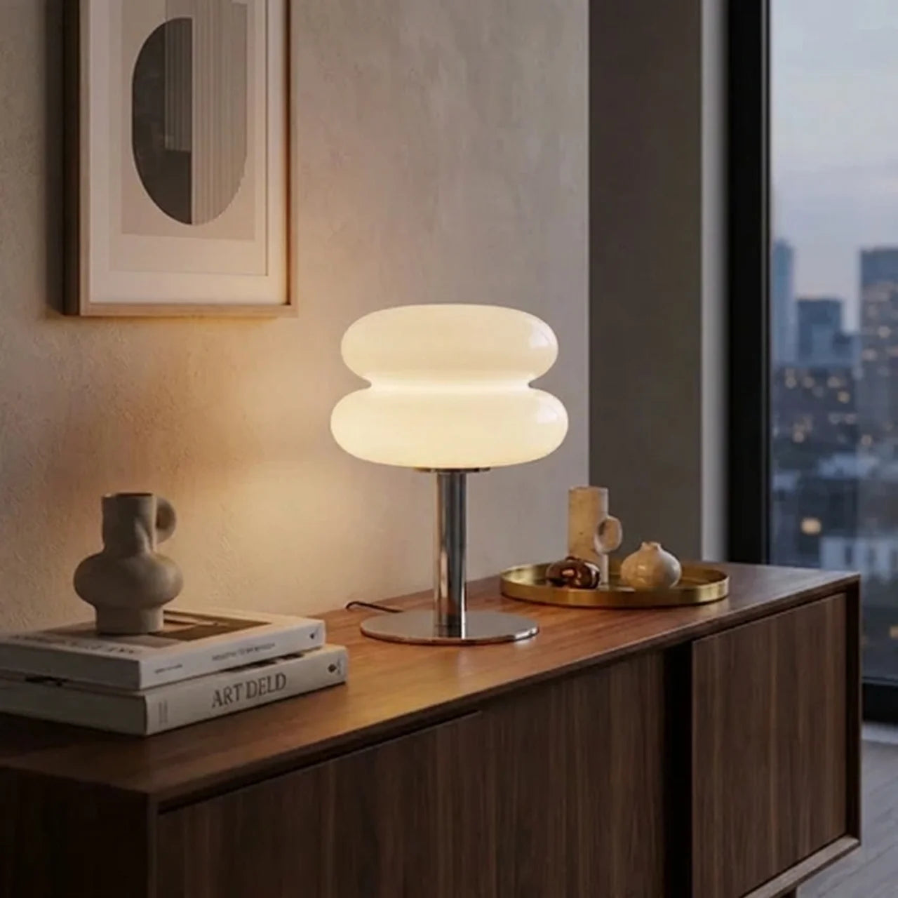Modern Glass Table Lamp with Chrome Base for Bedroom and Living Room