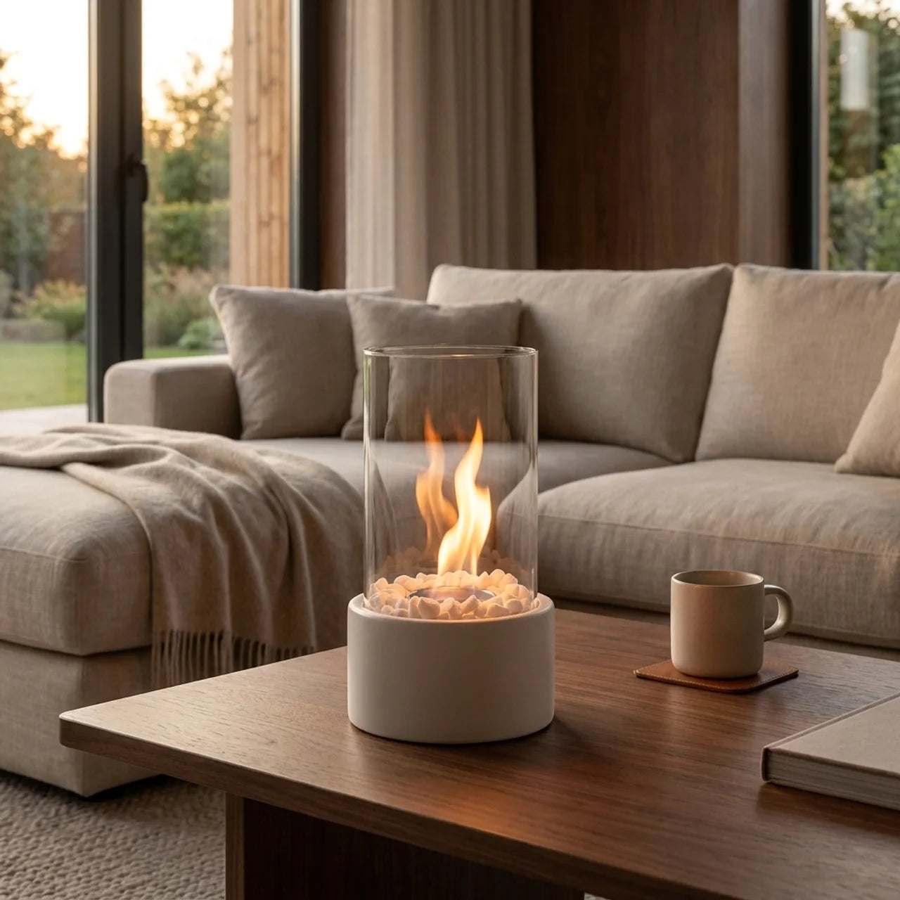 Smoke-Free Table Fireplace for Indoor and Outdoor Use - Modern Design with Glass and Metal