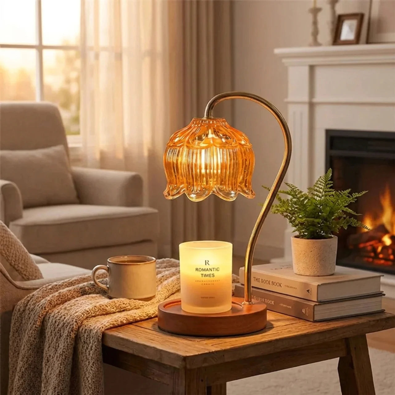 Candle Warmer Lamp with Retro Glass Shade and Solid Wood Base for Cozy Home Ambience