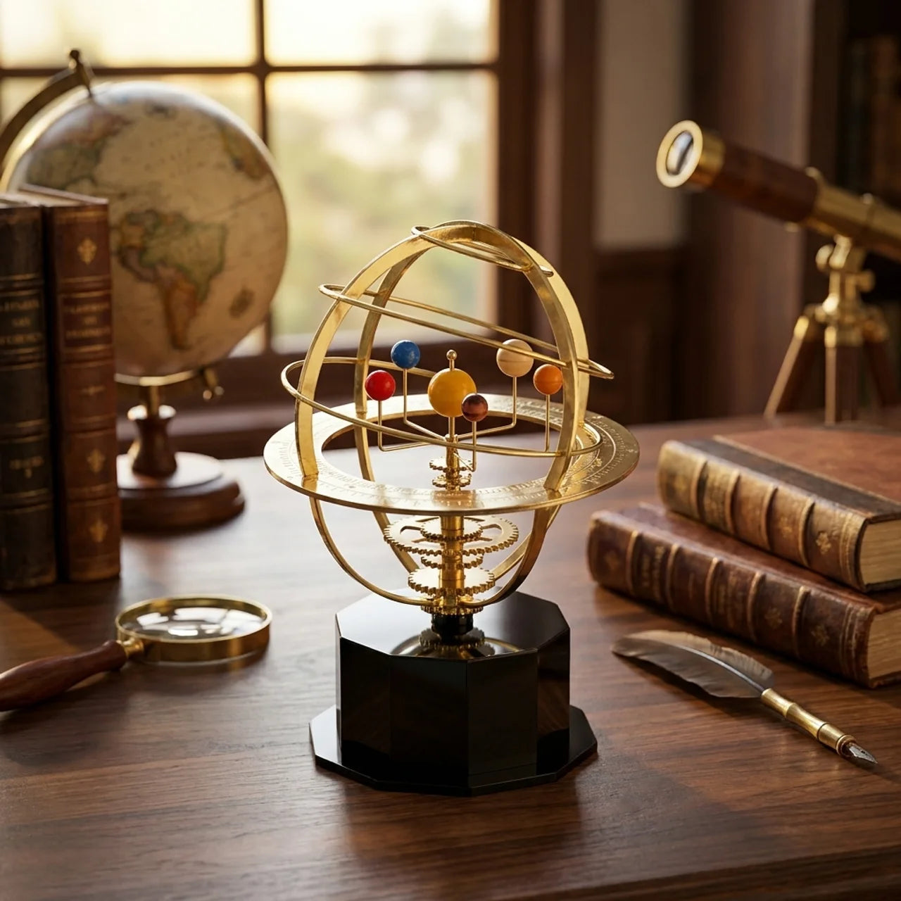 Handcrafted Brass Orrery Model of the Solar System with 5 Planets for Home Decor