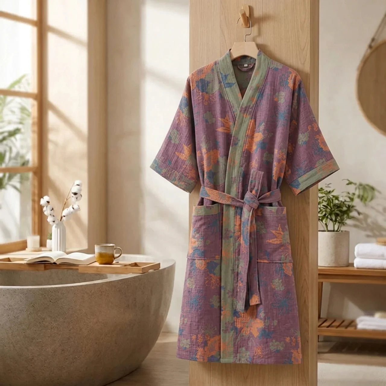 Cotton Bathrobe with Vintage Print for Relaxation and Comfort