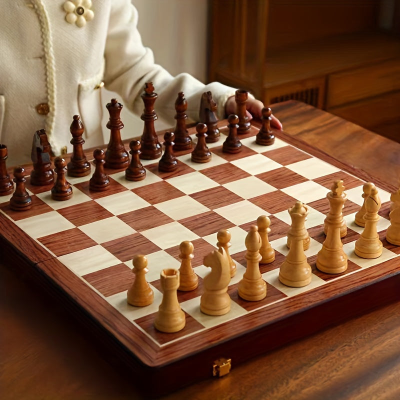 Solid Wood Chess Set with Foldable Board for Game Nights and Gifts