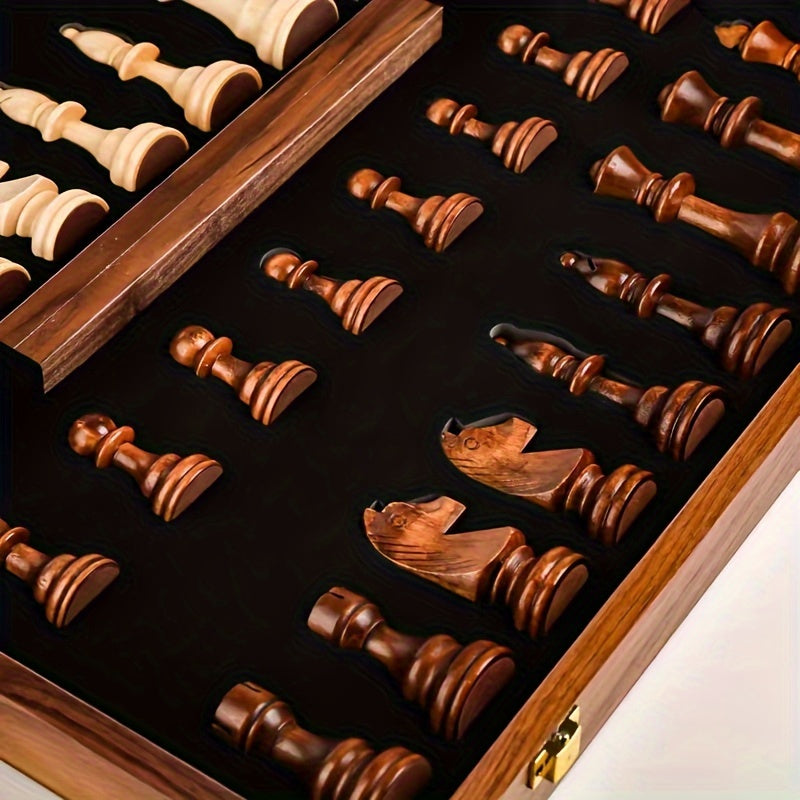 Solid Wood Chess Set with Foldable Board for Game Nights and Gifts