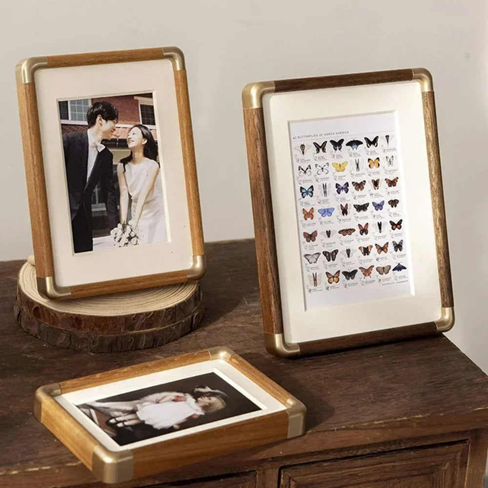 Tabletop Photo Frame with Vintage Wood and Brass Accents for Home Décor